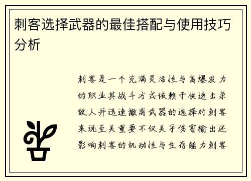 刺客选择武器的最佳搭配与使用技巧分析